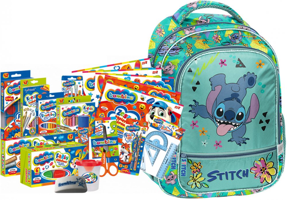 Zestaw: Plecak szkolny Paso Disney Stitch + Wyprawka szkolna Bambino, 18-elementów