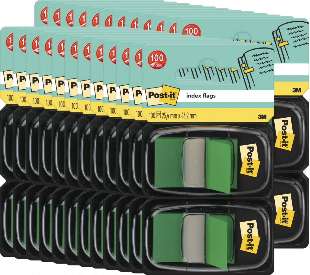 12x Zakładki samoprzylepne Post-it proste, indeksujące, folia, półtransparentne, 25x43mm, 2x50 sztuk, zielony