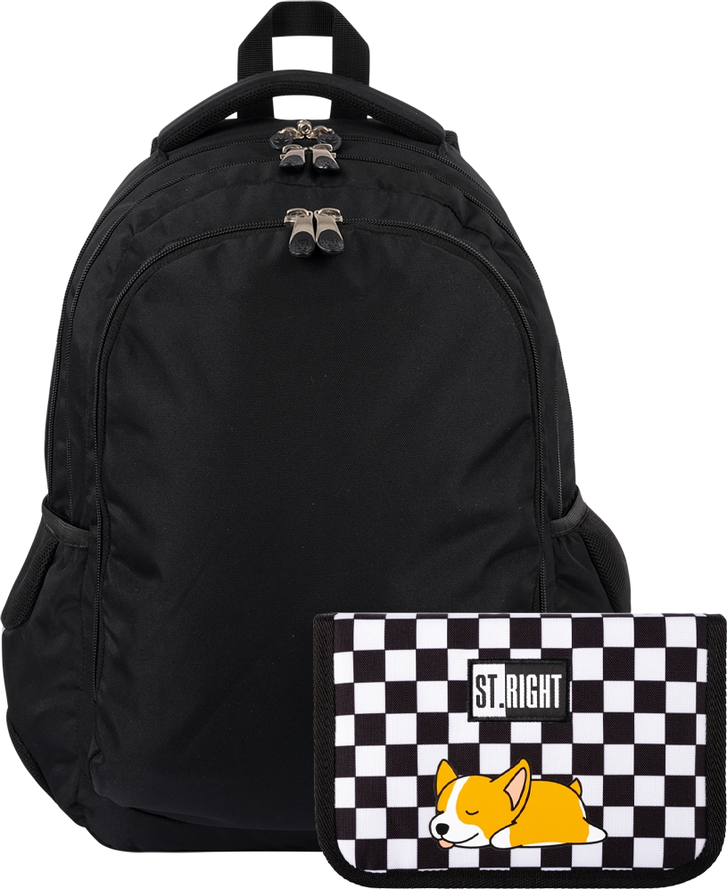 Zestaw: Plecak Black + piórnik dwuklapkowy Sleepy Corgi St.Right