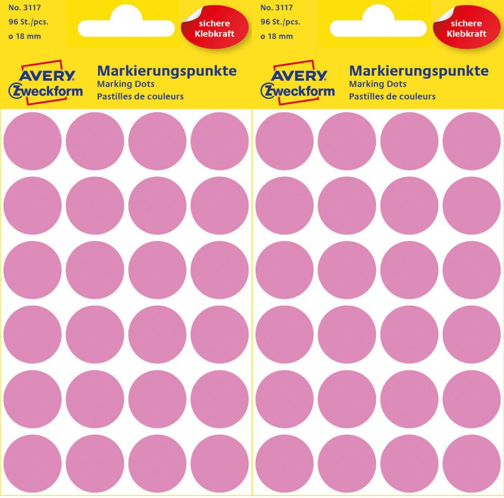 2x Etykiety Avery Zweckform, okrągłe, średnica 18mm, 96 sztuk, różowy