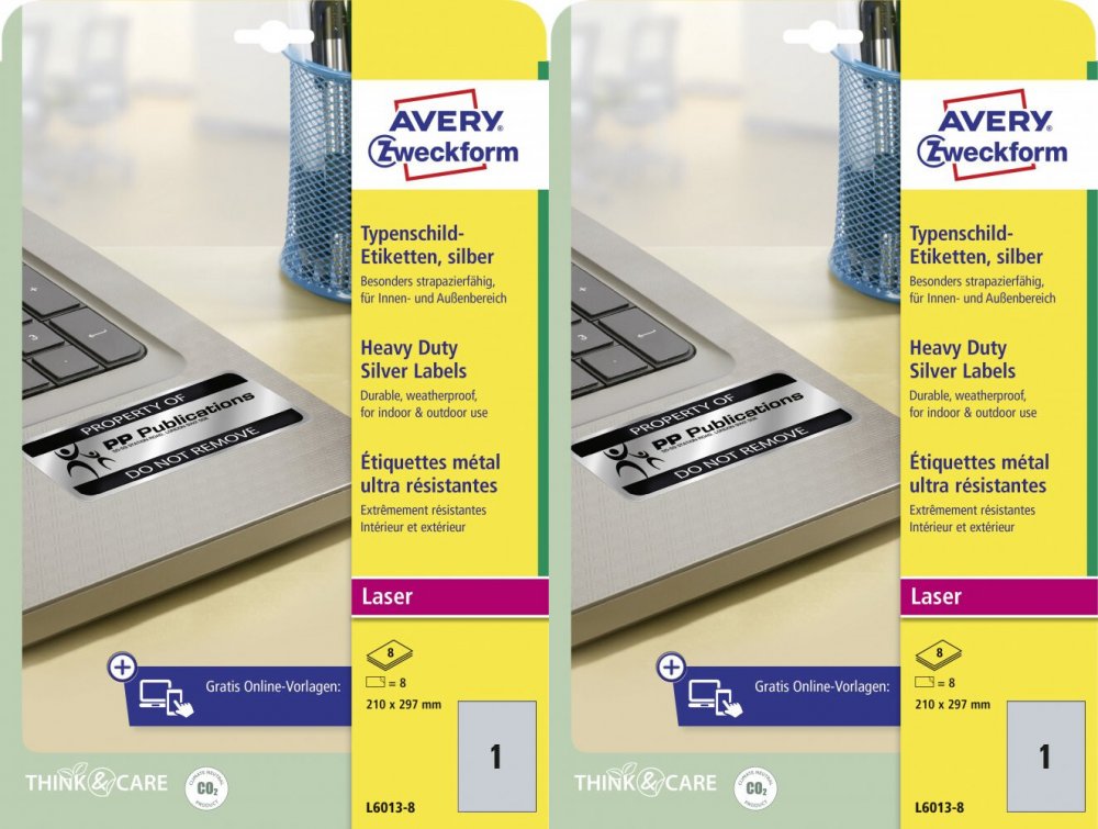 2x Etykiety znamionowe Avery Zweckform, 210x297mm, 8 arkuszy, srebrny