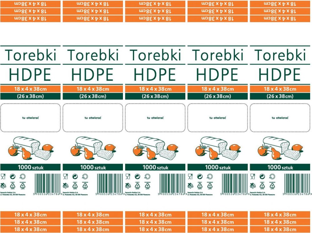 5x Torebki spożywcze Sarantis, HDPE, 18x4x38cm, 1000 sztuk, biały