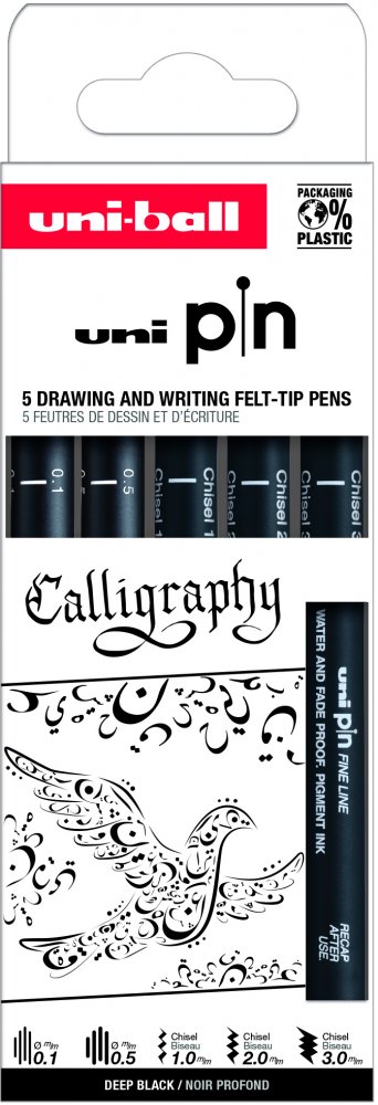 Zestaw cienkopisów kreślarskich Uni PIN-200 Calligraphy, 5 sztuk, czarny
