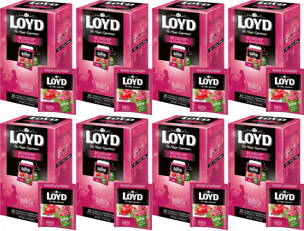 8x Herbata owocowa w kopertach Loyd Horeca Premium, dzika róża i malina, 20 sztuk x 2g