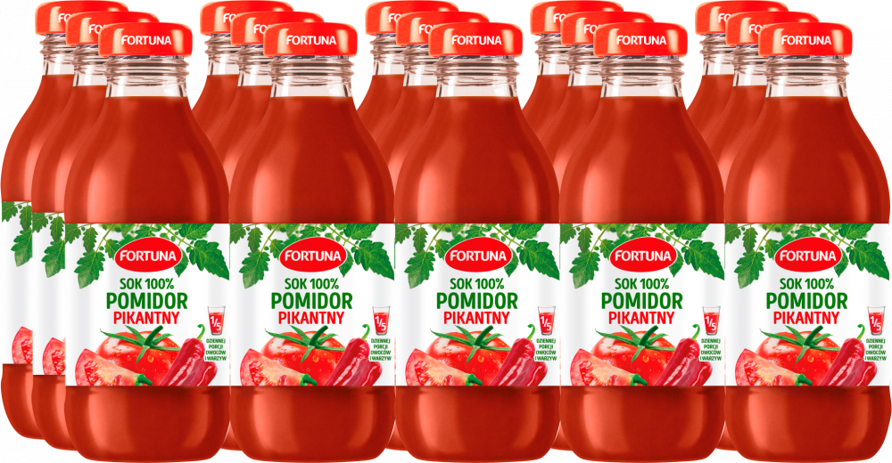 15x Sok pomidorowy pikantny 100% Fortuna, butelka szklana, 0.3l