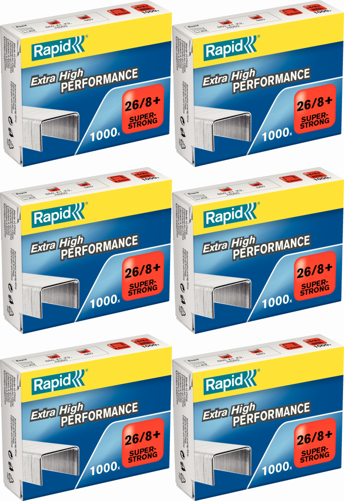 6x Zszywki Rapid Super Strong, 26/8+ 1M, 1000 sztuk, srebrny