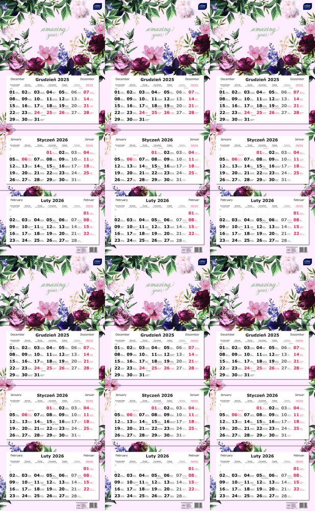6x Kalendarz ścienny 2026, Interdruk, trójdzielny, 34x82.5cm, Kwiaty