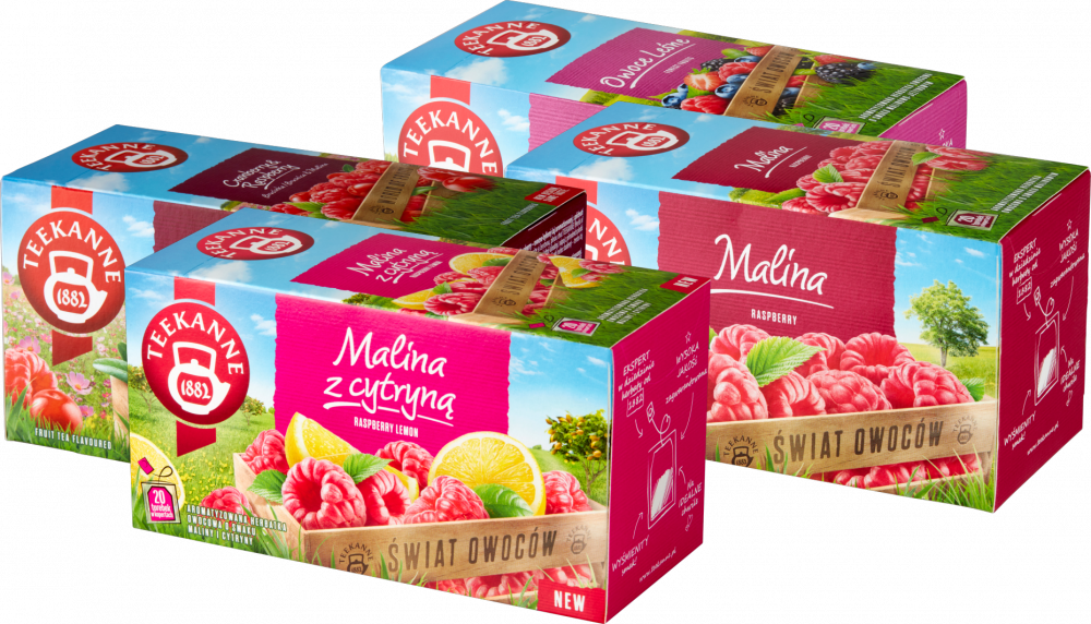 Zestaw herbat owocowych Teekanne: malina z cytryną, 20 sztuk + malina, 20 sztuk + owoce leśne, 20 sztuk + żurawina i malina, 20 sztuk