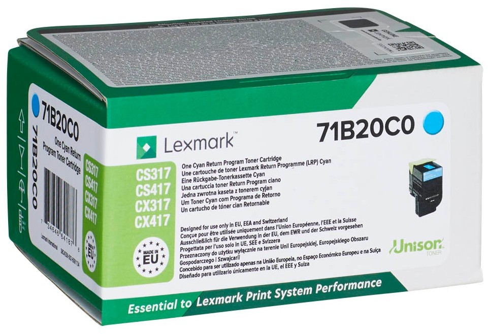 Kaseta z tonerem Lexmark (71B20C0), 2300 stron, zwrotny, cyan (błękitny)