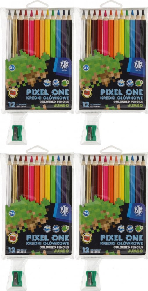 4x Kredki ołówkowe Astrakids Pixel One Jumbo okrągłe, 12 kolorów + temperówka