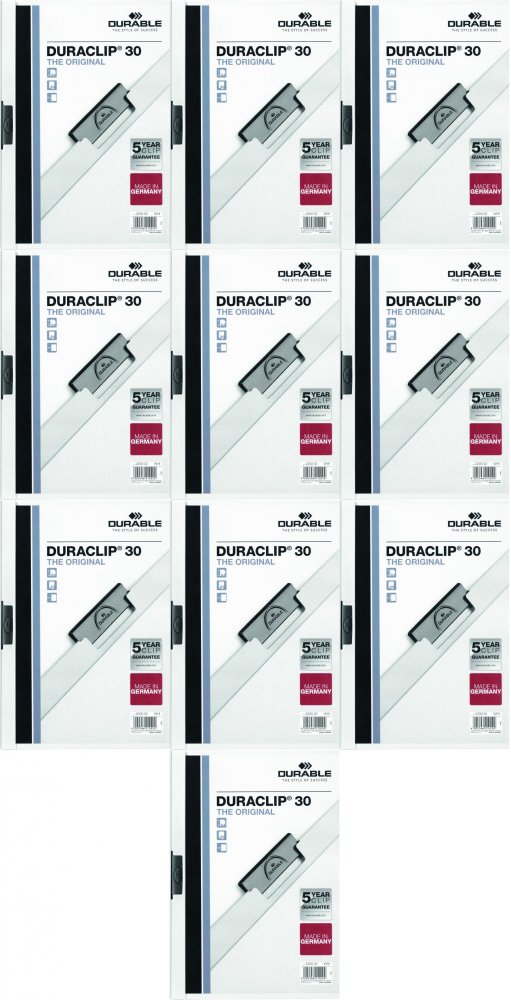 10x Skoroszyt plastikowy z klipsem Durable Duraclip, A4, do 30 kartek biały