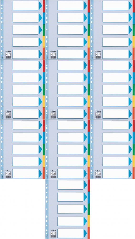 10x Przekładki do segregatora Esselte, kartonowe, A4, 5 kart, mix kolorów