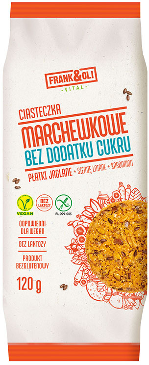 Ciasteczka marchewkowe Frank&Oli, płatki jaglane z siemieniem lnianym i kardamonem, bez cukru, 120 g