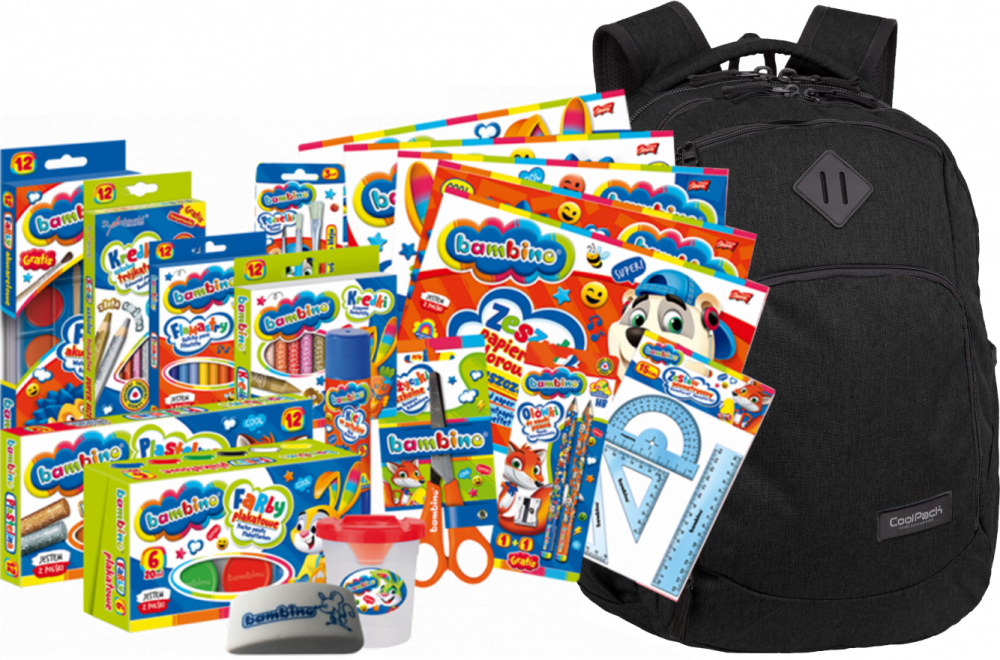 Zestaw: Plecak szkolny CoolPack Break Snow Black + Wyprawka szkolna Bambino, 18-elementów