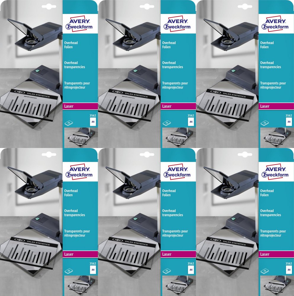 6x Folia do rzutnika Avery Zweckform, do czarno-białych drukarek laserowych i kopiarek, A4, 25 sztuk, przezroczysty