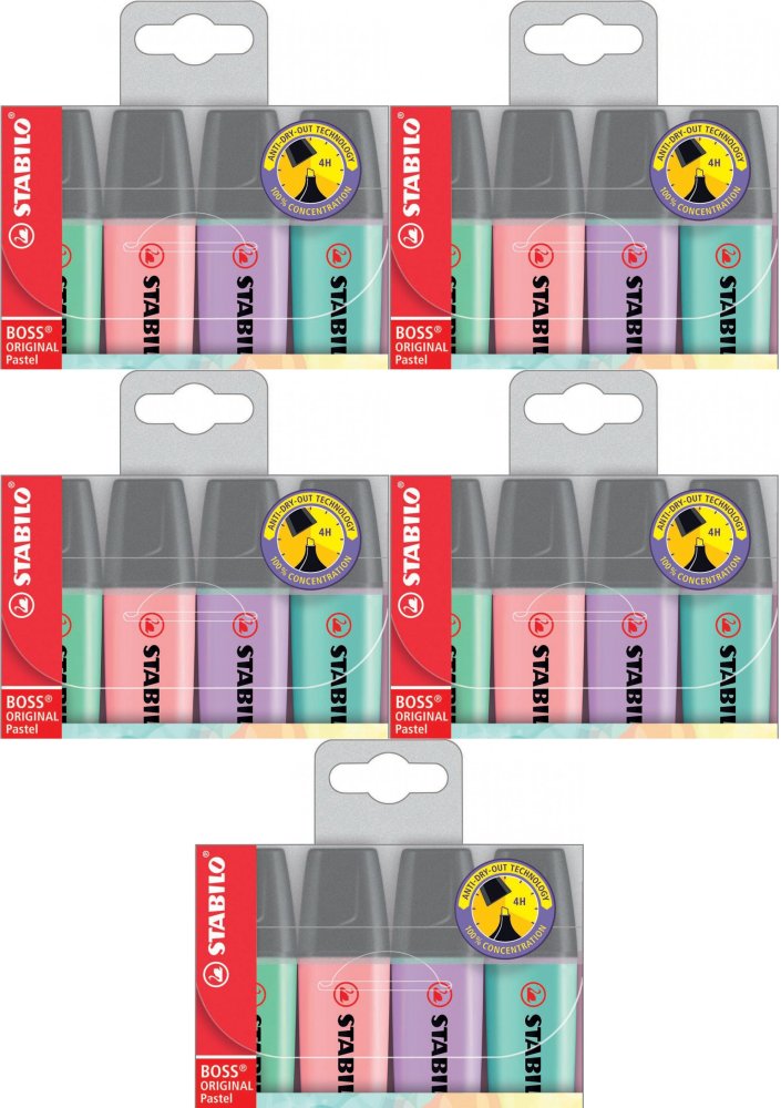 5x Zakreślacz Stabilo, Boss Original, ścięta, 4 sztuki, mix kolorów pastelowych