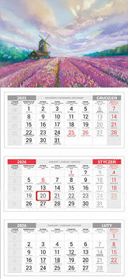 Kalendarz ścienny 2026, Udziałowiec, trójdzielny, 310x680mm pejzaże