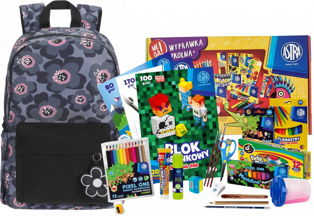 Zestaw: Plecak szkolny Oxford Bloom, szary + Wyprawka szkolna dla klas 1-3 Astra Pixel One (L), 21 elementów