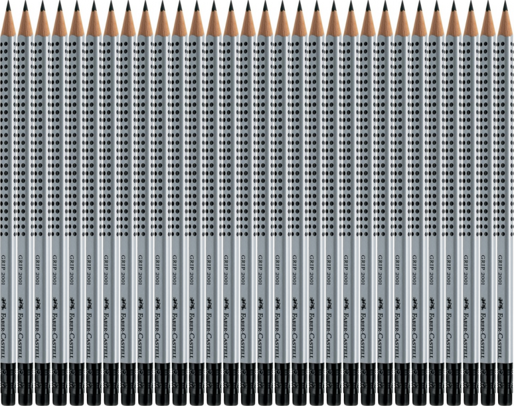 36x Ołówek z gumką Faber Castell Grip 2001, HB, srebrno-czarny