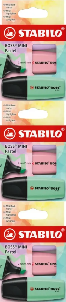 3x Zakreślacze Stabilo Boss Mini Pastel, ścięta, 3 sztuki, mix kolorów pastelowych