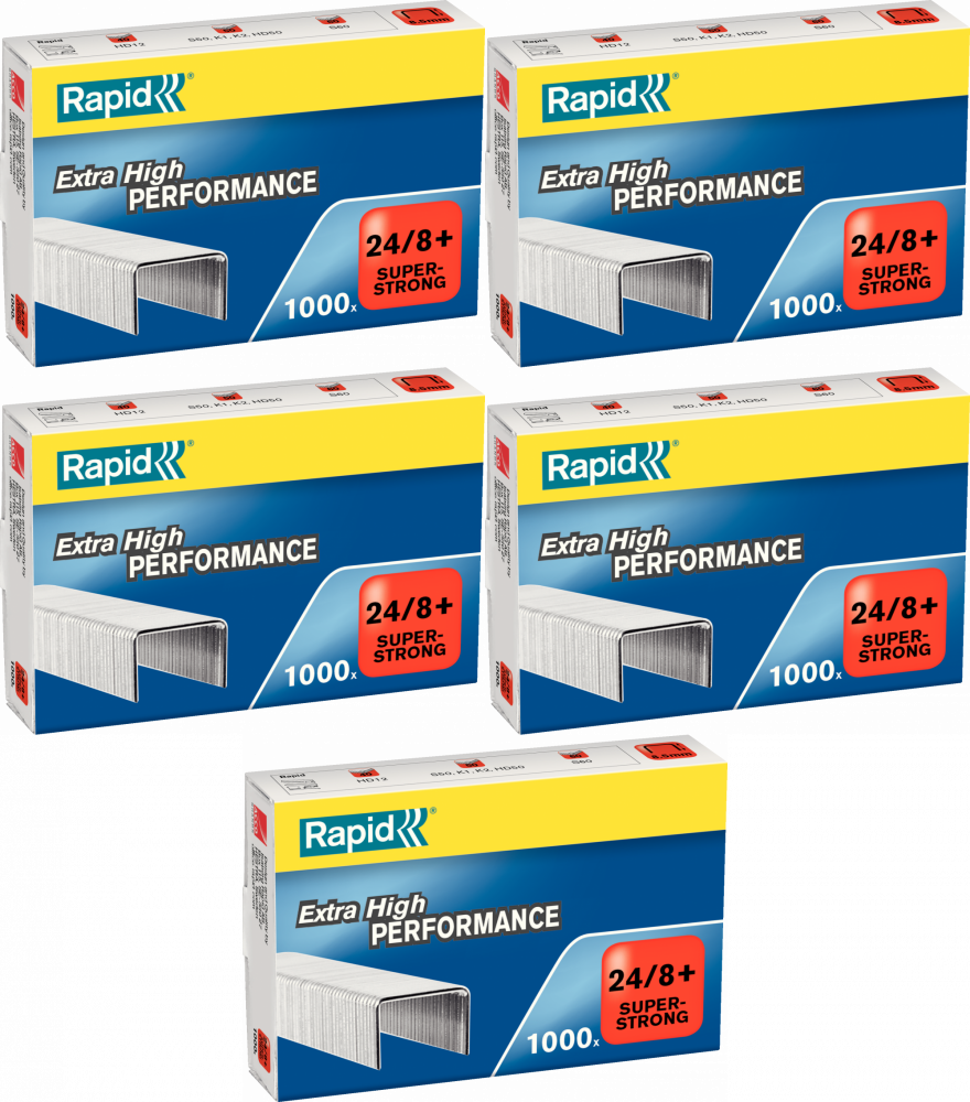 5x Zszywki Rapid Super Strong, 24/8+ 1M, 1000 sztuk, srebrny