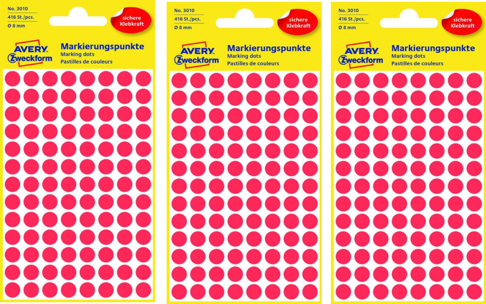 3x etykiety oznaczeniowe Avery Zweckform, okrągłe, średnica 8mm, 416 sztuk, czerwony