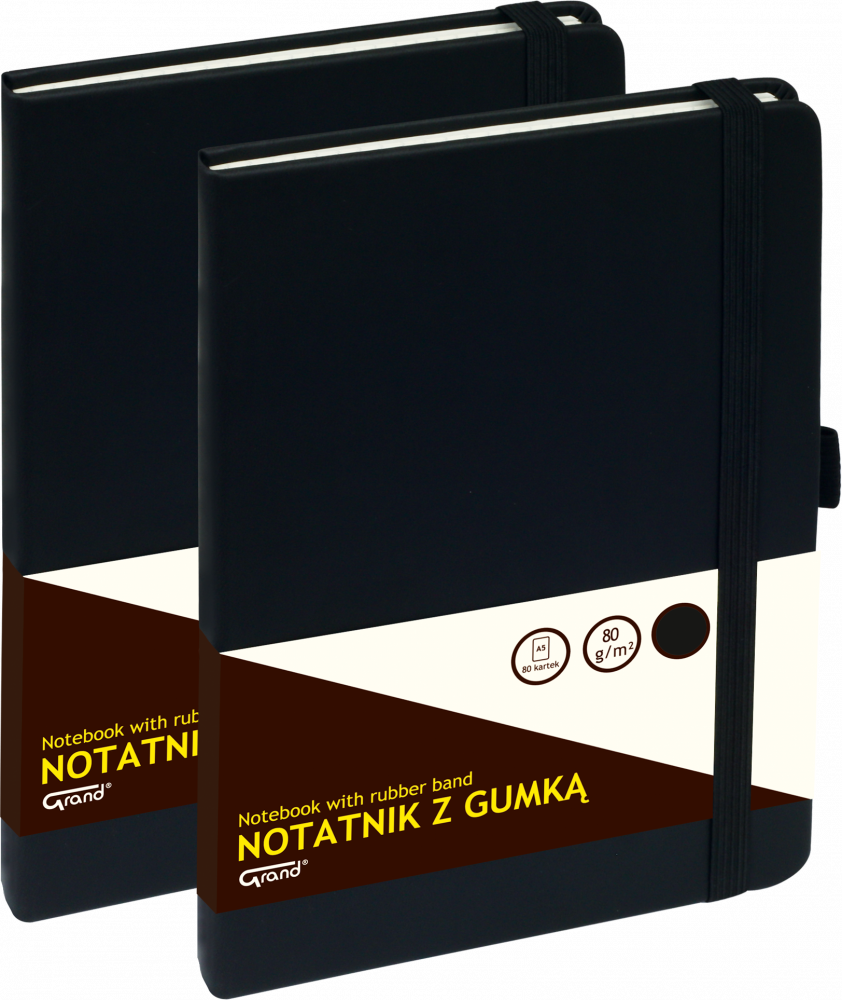 2x Notatnik w kratkę Grand, z gumką, A5, twarda oprawa, 80 kartek, czarny