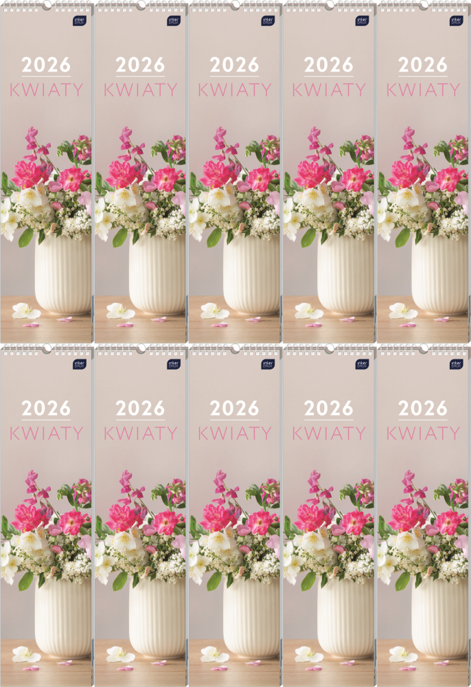 10x Kalendarz ścienny 2026, Interdruk, paskowy, 13.5x50cm, miesięczny, Kwiaty