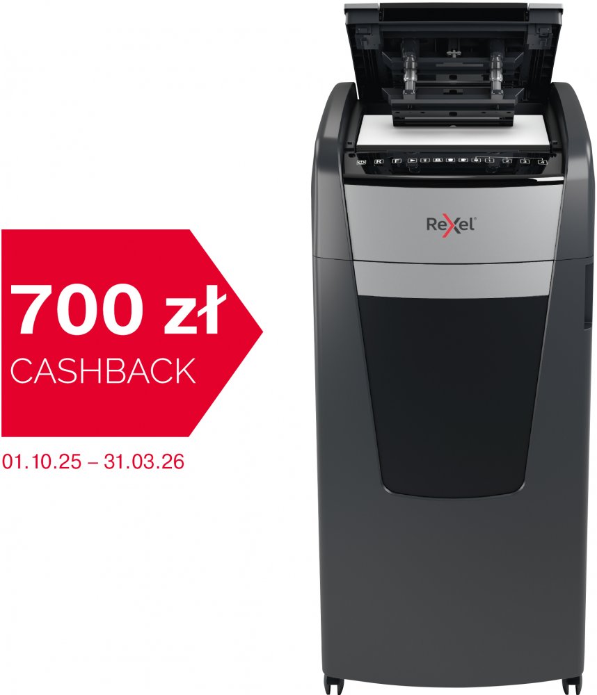 Niszczarka automatyczna Rexel Optimum AutoFeed+ 750M, mikrościnek 2x15mm, 750 kartek, P-5 DIN, czarny