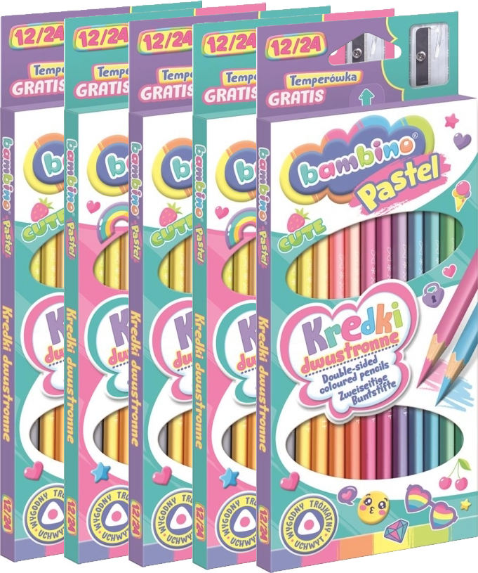 5x Kredki Bambino Pastel, dwustronne, trójkątne, 12 sztuk + temperówka, mix kolorów