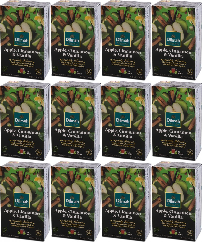 12x Herbata czarna aromatyzowana w torebkach Dilmah Apple, Cinnamon&Vanilla, jabłko/cynamon/wanilia, 20 sztuk x 1.5g
