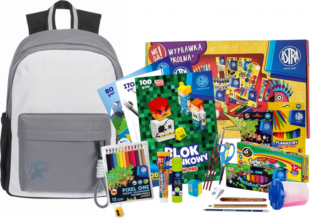 Zestaw: Plecak szkolny Oxford Funky,czarno-szary + Wyprawka szkolna dla klas 1-3 Astra Pixel One (L), 21 elementów