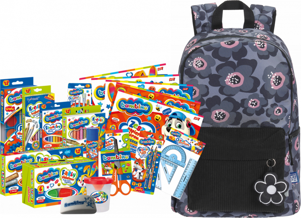 Zestaw: Plecak szkolny Oxford Bloom, szary + Wyprawka szkolna Bambino, 18-elementów