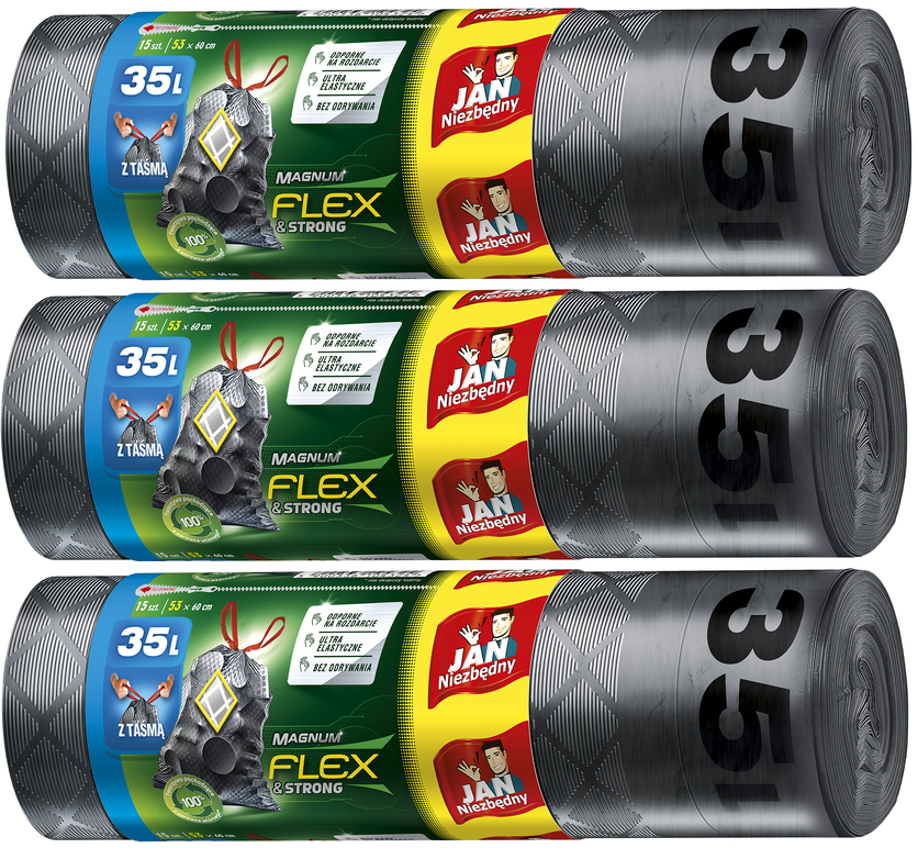 3x Worki na śmieci Jan Niezbędny Magnum Flex&Strong, na odpady zmieszane, 35l, 15 sztuk, grafitowy