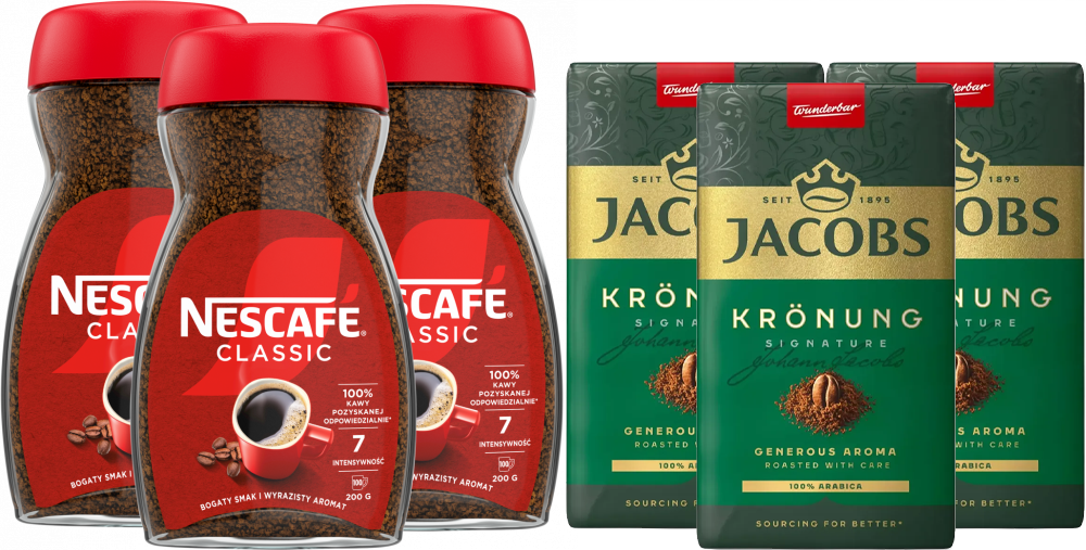 Zestaw: 3x Kawa mielona Jacobs Kronung, 250g + 3x Kawa rozpuszczalna Nescafé Classic, 200g