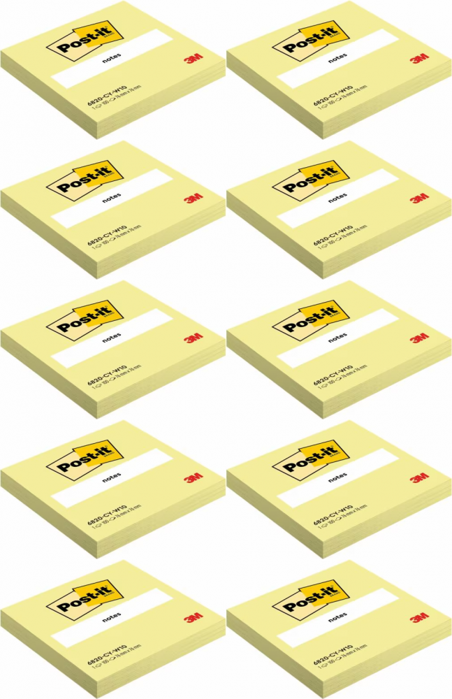 10x Karteczki samoprzylepne Post-it, 76x76mm, 100 karteczek, kanarkowy żółty