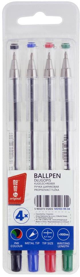 Długopis biurowy MemoBe, 0.7mm, w etui, 4 sztuki, mix kolorów