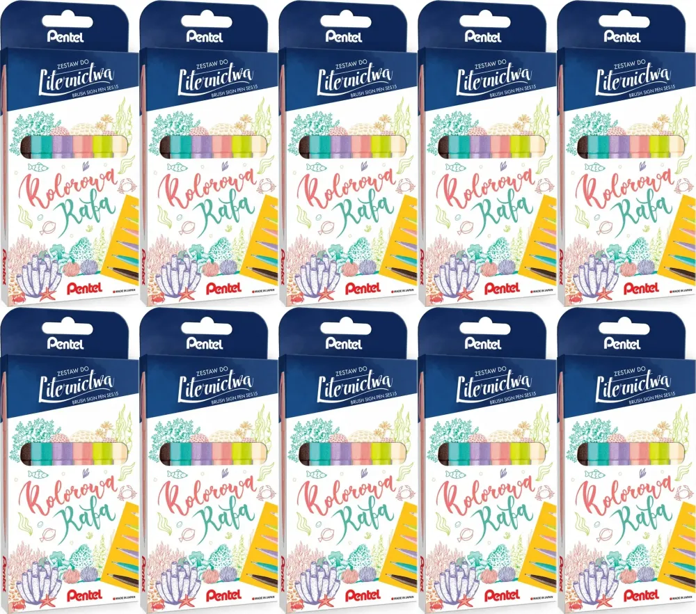 10x Pisaki pędzelkowe do kaligrafii i liternictwa Pentel Brush Sign Pen SES15C Kolorowa Rafa, 6 sztuk, mix kolorów