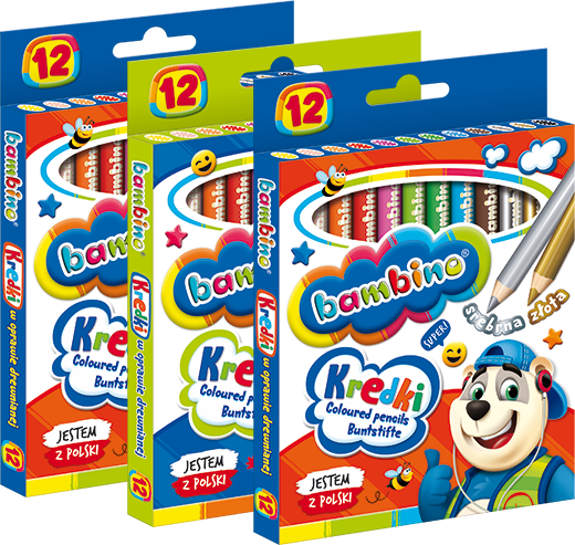 3x Kredki Bambino Zwierzaki Uczniaki, w oprawie drewnianej, 12 sztuk, mix kolorów