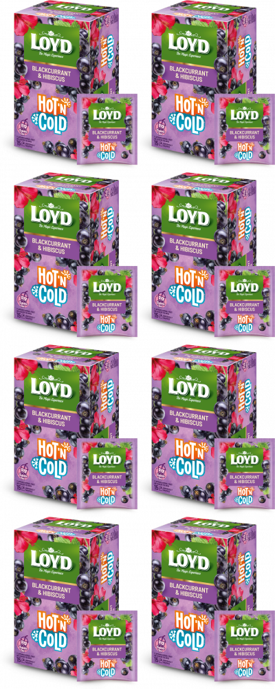 8x Herbata owocowo- ziołowa w kopertach Loyd Hot & Cold, porzeczka i hibiskus, 15 sztuk x 2g