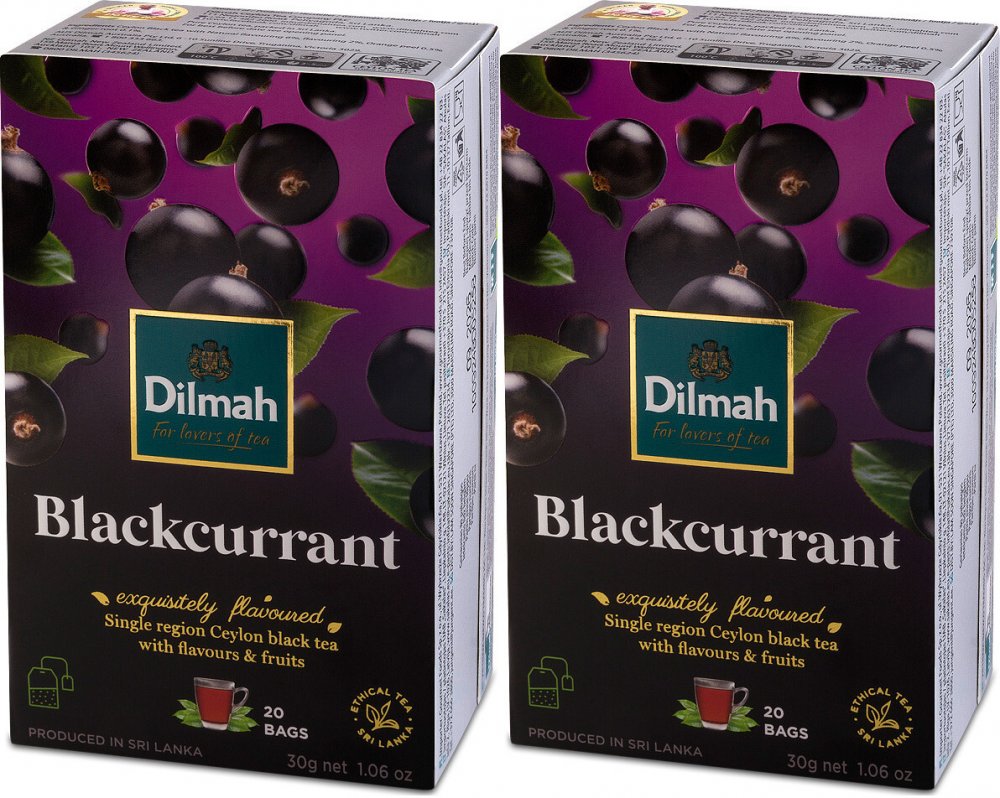 2x herbata czarna aromatyzowana w torebkach Dilmah, czarna porzeczka, 20 sztuk x 1.5g
