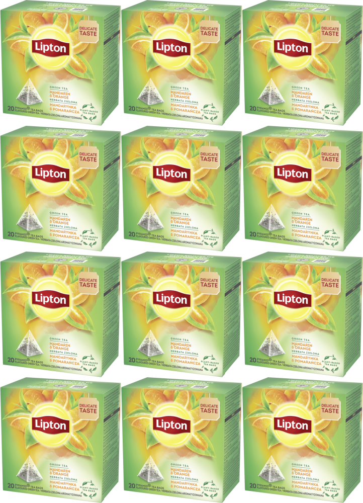 12x Herbata zielona smakowa w piramidkach Lipton Green Tea, mandarynka z pomarańczą, 20 sztuk x 1.2g