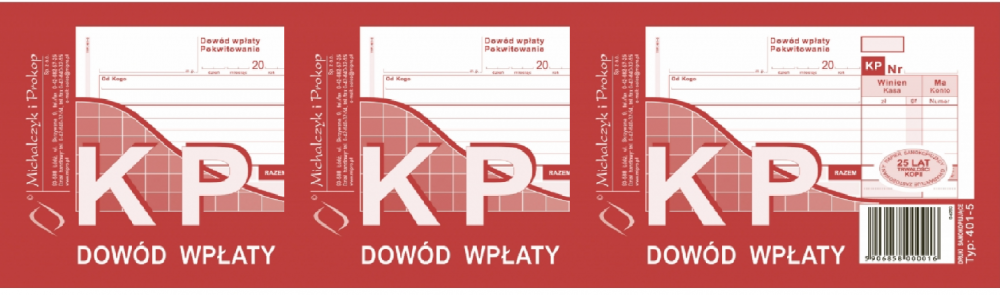 3x Druk akcydensowy KP Dowód wpłaty MiP 401-5, A6, wielokopia, 80k
