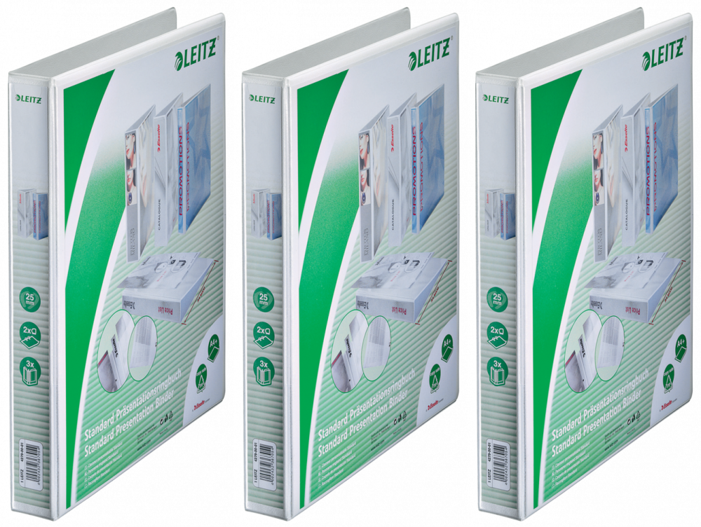 3x Segregator prezentacyjny Leitz, A4, szerokość grzbietu 43mm, do 250 kartek, 2 ringi, biały