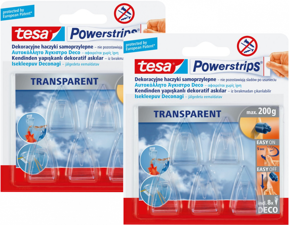 2x Haczyki samoprzylepne tesa Powerstrips Deco, 5 sztuk + plastry 8 sztuk, transparentny