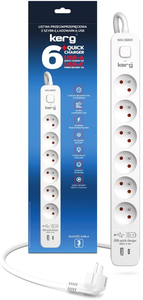 Listwa przeciwprzepięciowa Kerg M02602, 3m, 6 gniazd + szybka ładowarka USB-A+USB-C, biało-szary