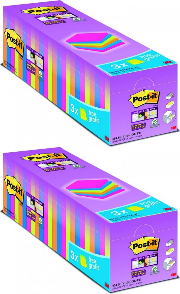 2x Notes samoprzylepny Post-It Super Sticky (654-SS-VP24COL), 76x76mm, 24 (21+3 gratis) x 90 karteczek, mix kolorów
