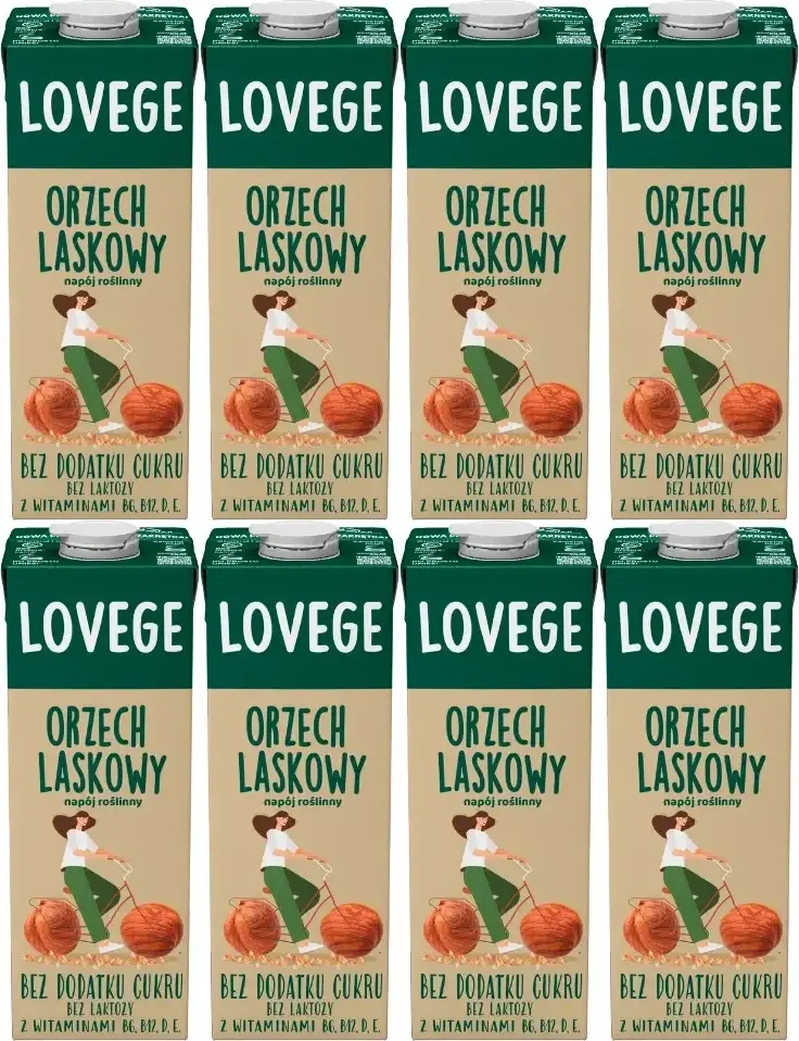 8x Napój orzechowy Lovege, orzech laskowy, bez cukru, 1l