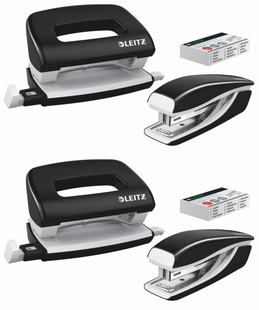 2x Zestaw zszywacz i dziurkacz Leitz Mini NeXXt Wow, metalowy, czarny