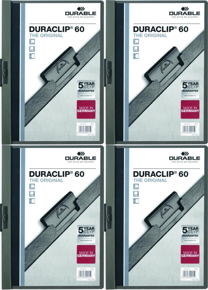 4x Skoroszyt plastikowy z klipsem Durable DuraClip, A4, do 60 kartek grafitowy